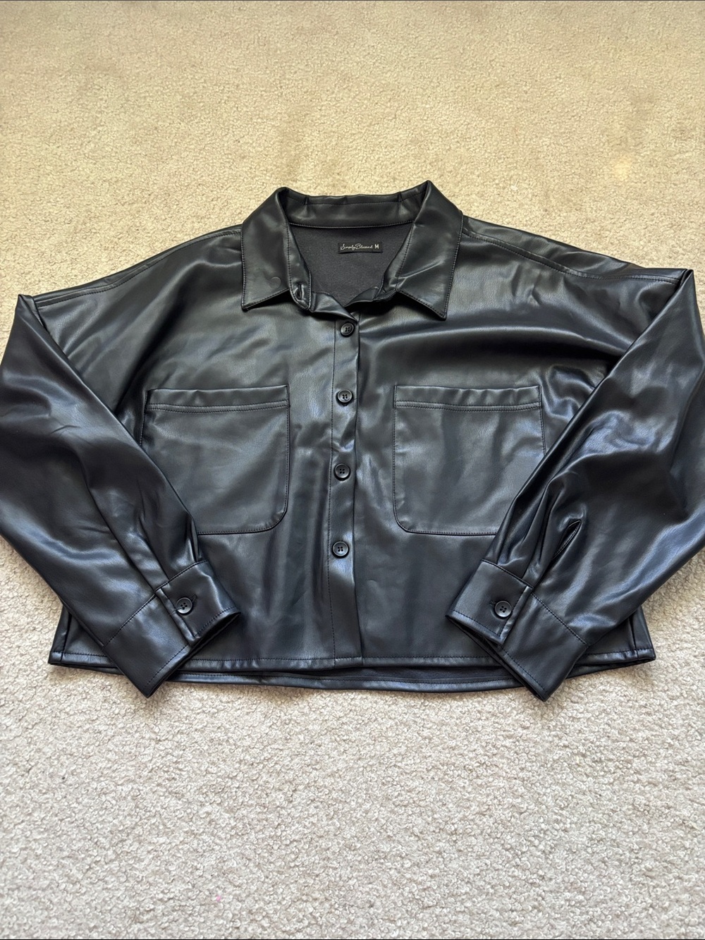 Faux Leather Button-Front Jacket - Black